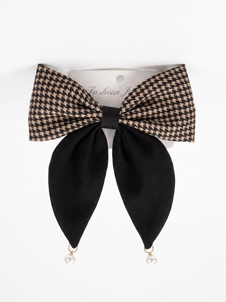 Big Bow, Black and Beige, Pearl Detailing, Classic Elegance