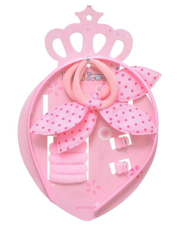 Set Of 9 Pieces Hair Ties (1 Collar - 2 Clips - 6 Elastic Bands) For Girls, Pink, DR-A-Collection-1-96