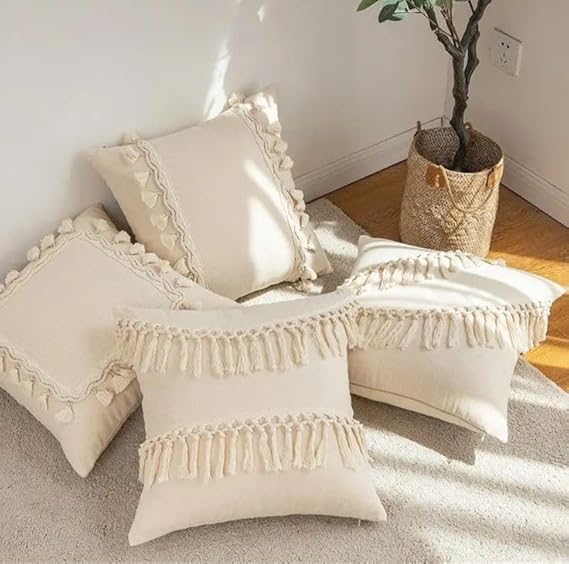 Oasis Makrame Boho Decor 4pcs 45x45cm Linen Pillow Covers - Beige (Clay) - Nature-inspired Floral Pattern - Sofa & Bed Decor