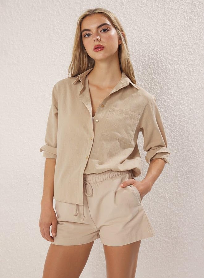 trendyol Mink Cotton Blended Linen Look Oversize Wide Fit Woven Shirt
