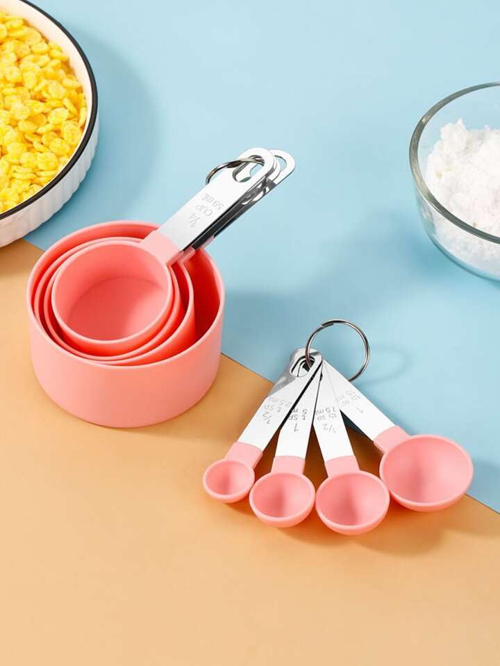 Downtown 8-Piece High-Quality Measuring Cup and Spoon Set with Metal Handles, Pink Kitchen Tools for Baking, Aesthetic and Durable Measurement Collection for Flour, Sugar and Spices