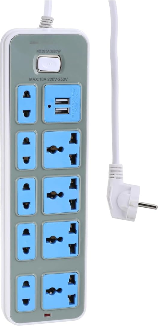 9-Outlet Professional Power Distribution Station – 2m Extension Lead, Wide-Spaced Outlets for Large Adapters, Master Surge Protector Switch