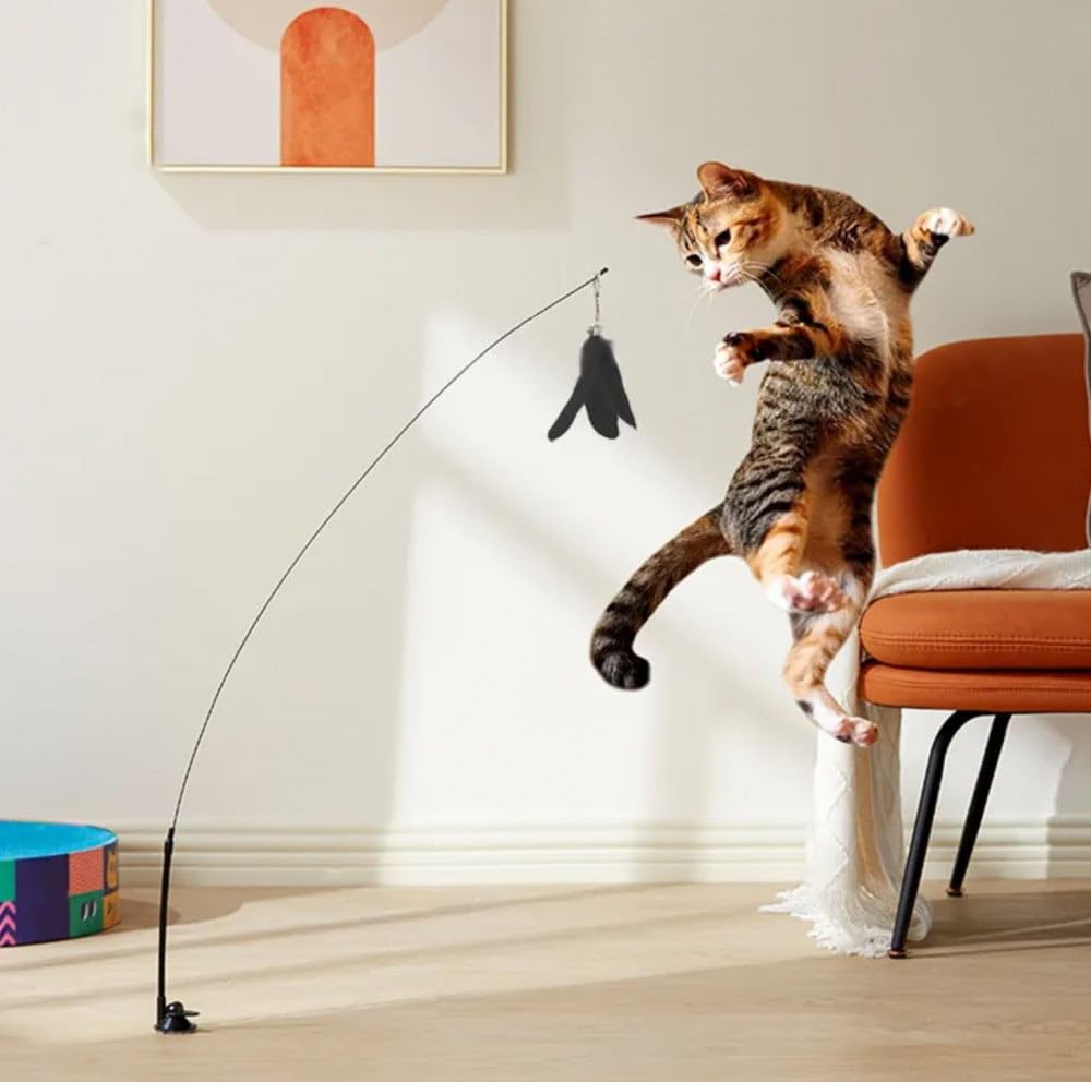 Interactive Cat Toy - Smart Self Jamming Wand with Feathers, Suction Cup Base and Durable Wand - Perfect for Exercise and Entertainment for Adult Cats and Cats