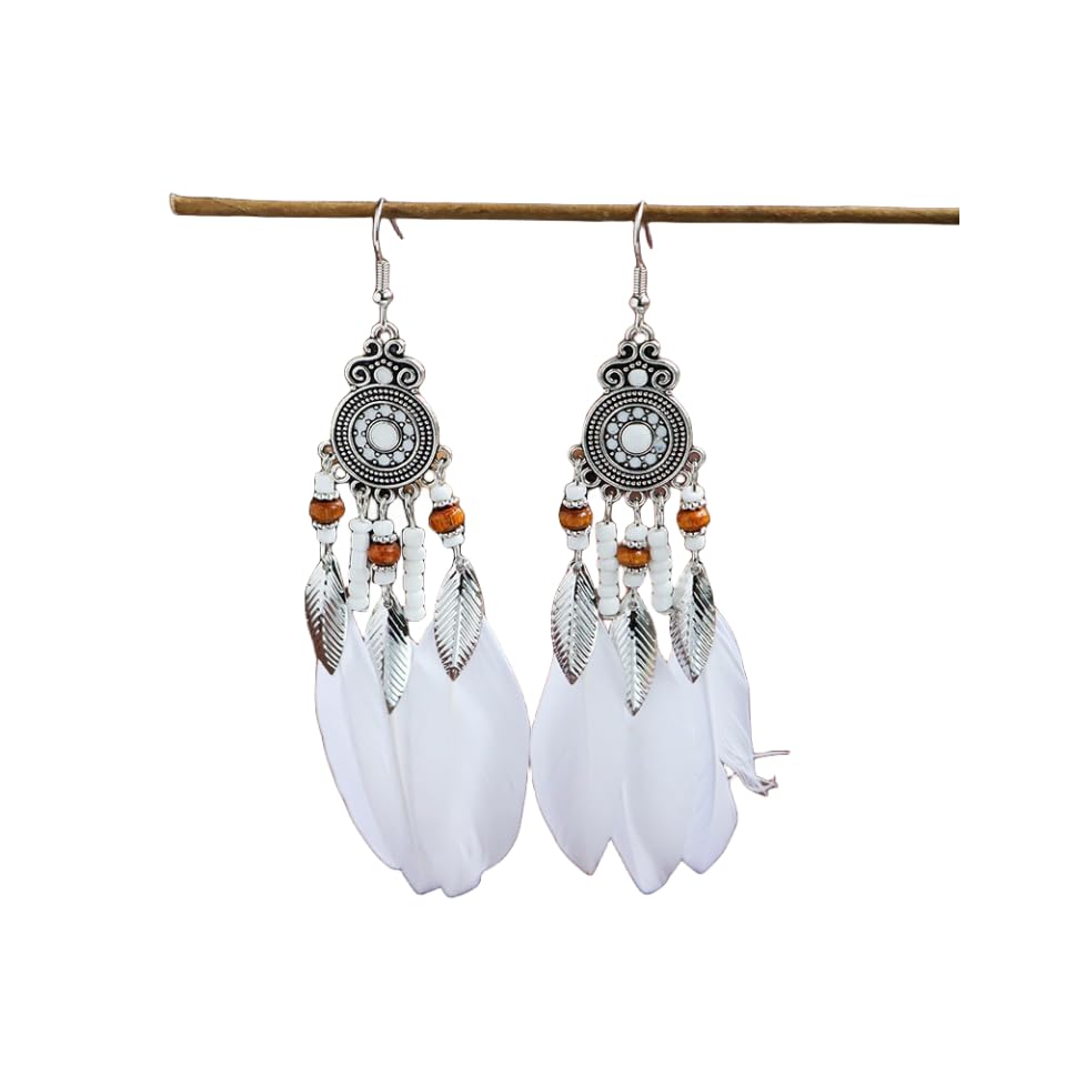 Showday Faux Feather Earrings Dream Catcher Earring Bohemian Fringe Tassel Long Drop Dangle Earrings Bohemian Ethnic Handmade Beaded Charms Earring for Women Girls Jewelry Gift