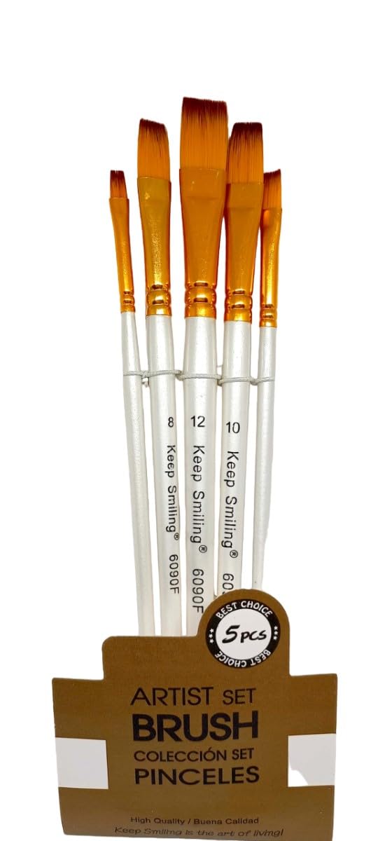 S and A No. A6090F Keep Smiling Flat Brushes 5-Piece Set, No. 2/6/8/10/12