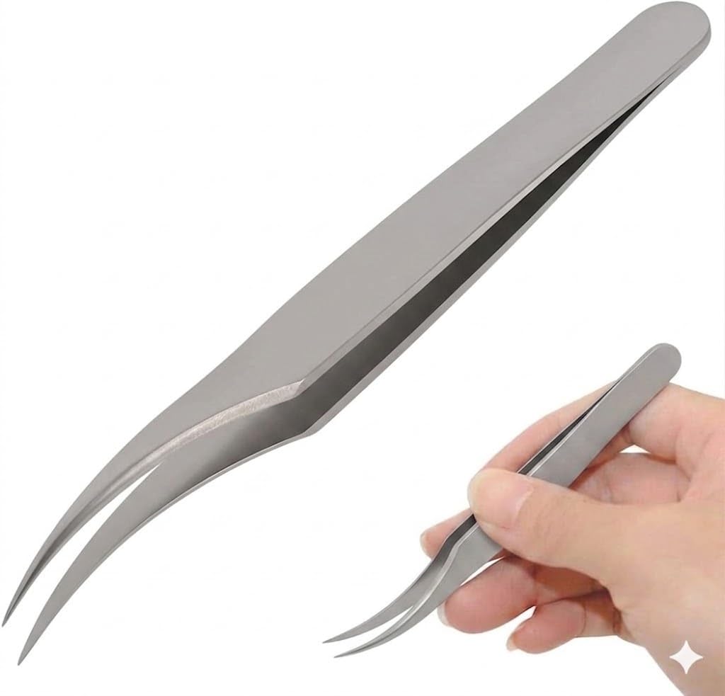 Stainless Steel Tweezers, Rotating Elastic Eyelash Extension Tweezers for Grafting (Slight Curved Tweezers)