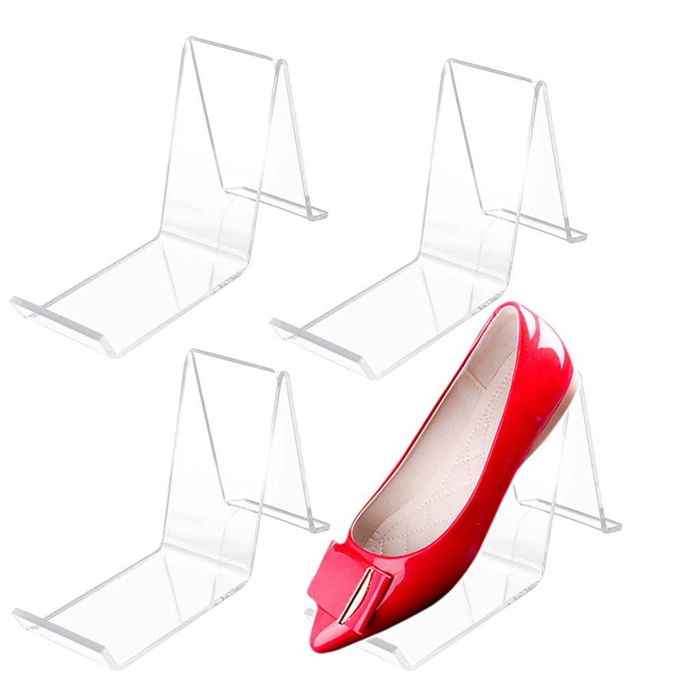 BEST MEDIA 4 Pack Clear Acrylic Shoe Display Stands, Modern Riser and Holder for Sandals, High Heels, and Footwear, Professional Rack for Retail Stores, Closets, and Shopping Malls