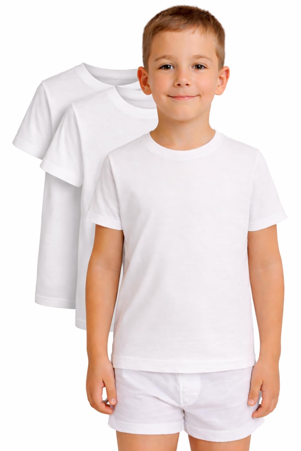 Kids Cotton Crew Neck Undershirt, White, Casual Short Sleeve, Boys