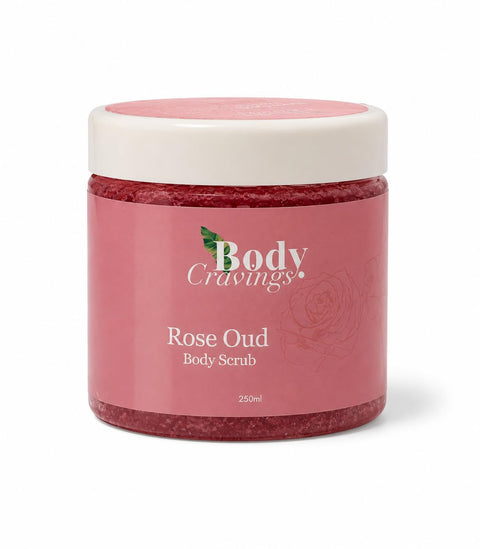 Body Cravings Rose Oud Body Scrub | Sugar Scrub with Coconut Oil | Exfoliating Body Polish | Smooth & Soft Skin | 500g