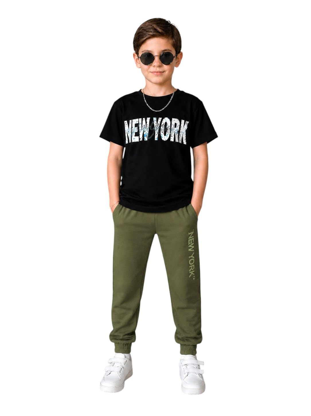 Meza New YORK Boys Printed T-Shirt and Pants Set, Summer Milton Stretch