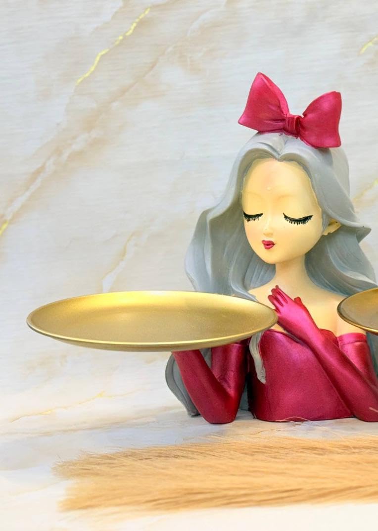 Ankh-Home-Supplies Decorative Girl Figurine Jewelry Tray Holder, Gold Metallic Plate, Polyester Material, Modern Style (Pink)