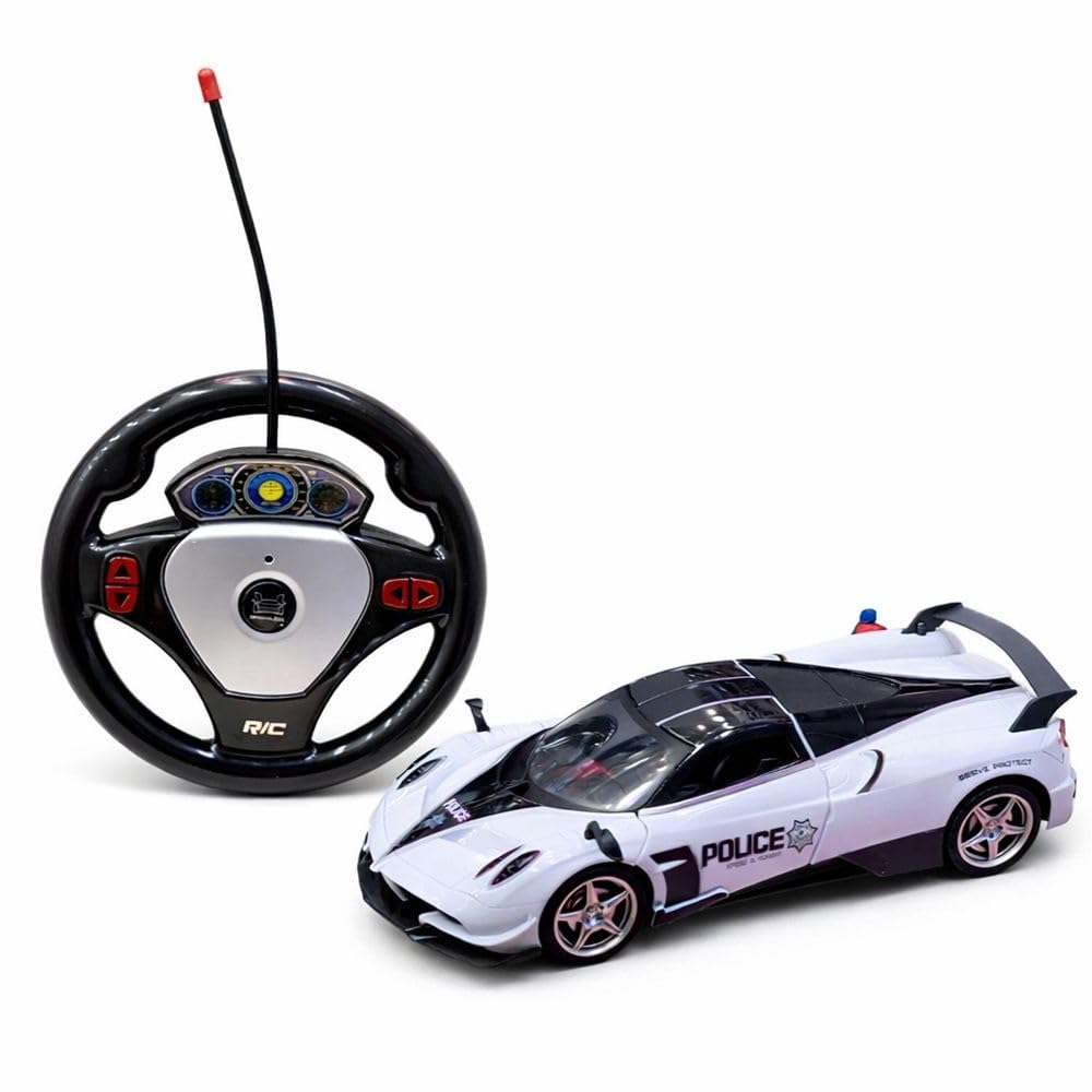 Police Racing Car with Steering Wheel Controller,Lights 1:18 Scale - White - 565-AK10