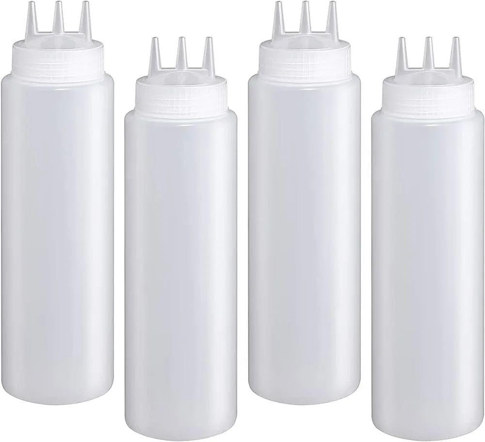 4Pcs Plastic Squeeze Bottles with 3- Hole Refillable Empty Condiments Bottles for Sauce Ketchup BBQ Dressing Paint Workshop Pancake Art Craft 720ml (Clear 12oz)