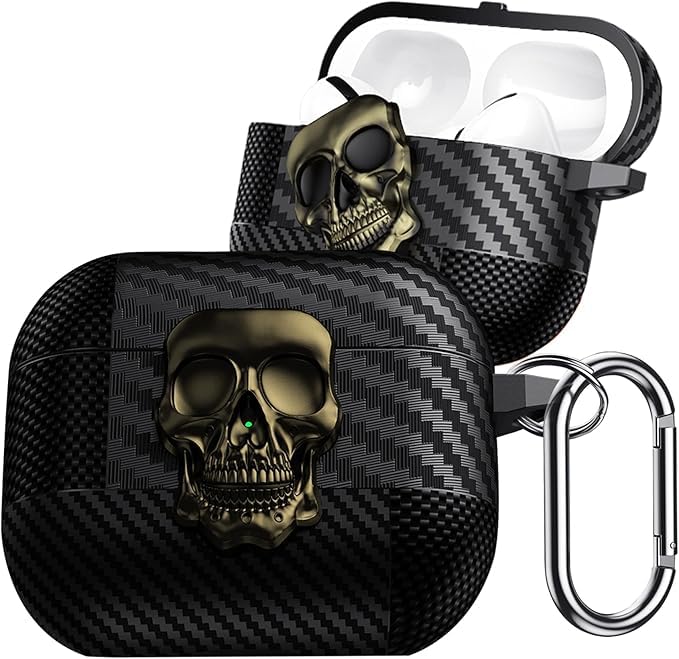 Next Store Premium Case Compatible with AirPods 4, Carbon Fiber Embossed Metal Skull Case, Shockproof Hard Cover with Keychain, Unique and Bold Style.(Oil)