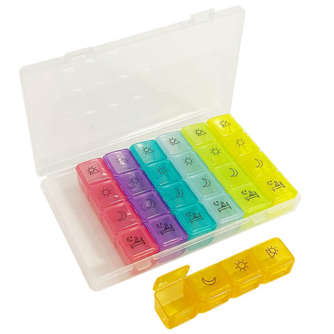 Circle M Portable Weekly Pill Box - 7 Day Medicine Organizer with 28 Compartments, 4 Times a Day - Morning, Noon, Evening, Night - Multicolored Storage for Pills, Vitamins, Supplements