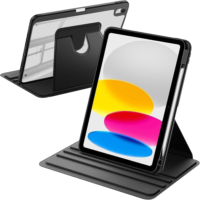 Fekra Rotating Case for iPad (A16) 11th/10th Generation 2025/2022 with Pencil Holder - 360 Degree Rotating Protective Case with Transparent Acrylic Back Shockproof Frame Auto Wake/Sleep (F-Black)