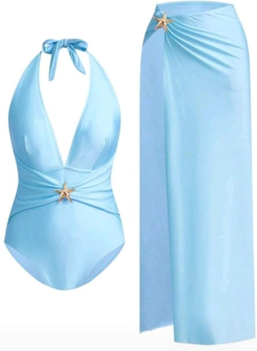 Women's Halter-Neck Metal Decor Ruched Detail One-Piece Swimsuit & Skirt For Summer Beach Vacation, Going Out Outfit