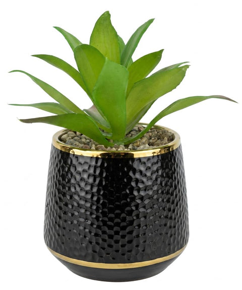 Realistic Artificial Plant in Black Porcelain Pot with Gold Rim, Modern Home Decor for Office, Shelf, Bathroom, Small Artificial Plant Natural Looking