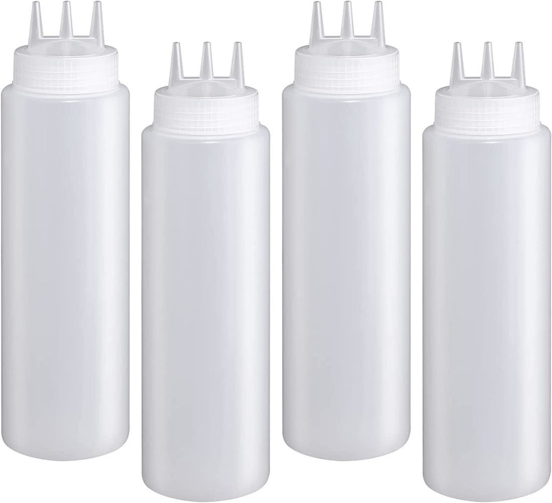 4Pcs Plastic Squeeze Bottles with 3- Hole Refillable Empty Condiments Bottles for Sauce Ketchup BBQ Dressing Paint Workshop Pancake Art Craft 720ml (Clear)