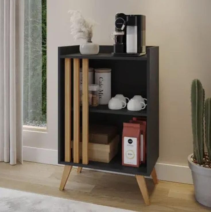Coffee Corner with Open Shelves, Made of Faux Wood, Black with Wooden Legs, Elegant Modern Design