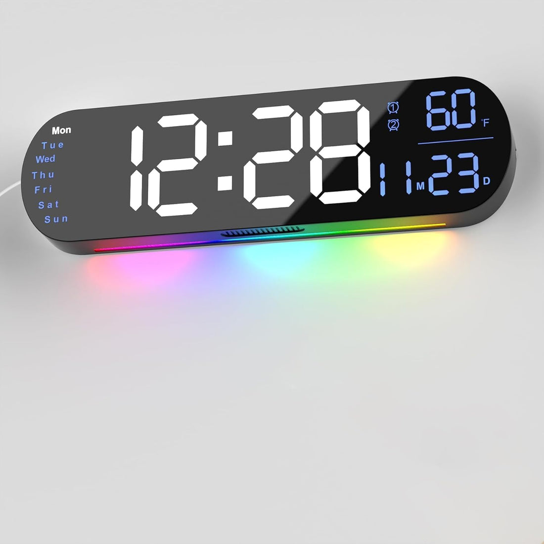 comzler Large Digital Wall Clock with Remote Control 13.7’’, Auto Brightness, 9 RGB Ambient Light, Dual Alarm Clock&Timer, 12/24H Mode, Temperature for Bedroom, Wall Decor Gift for Elder, Black