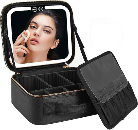 Large Travel Makeup Bag Cosmetic Organizer With LED Mirror Portable Professional Beauty Case High Capacity Storage For Women Girls Makeup Tools Accessories Adjustable Divider Organizer Bag (Black)