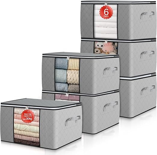 6 Pack Large Storage Bins with Zipper and Reinforced Handle Linen Foldable Storage Boxes for Clothes and Comforters - Grey