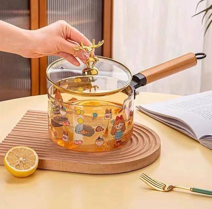 Glass Cooking Pot with Wooden Handle, Transparent Borosilicate, Heat Resistant Soup Pot with Lid, Cartoon Design
