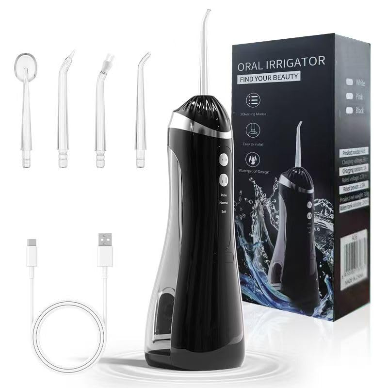SKY-TOUCH Water Flosser Professional Cordless Oral Irrigator,with 3 Modes 4 Replaceable Tips,Deep Cleaning, Rechargeable, Waterproof, BPA-Free, Portable, Home and Travel, Black