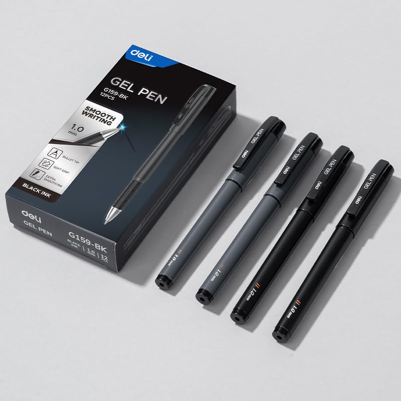 Deli EG159-BK Bullet Tip Gel Pen, 1 mm Tip Size 12-Pieces Set, Black