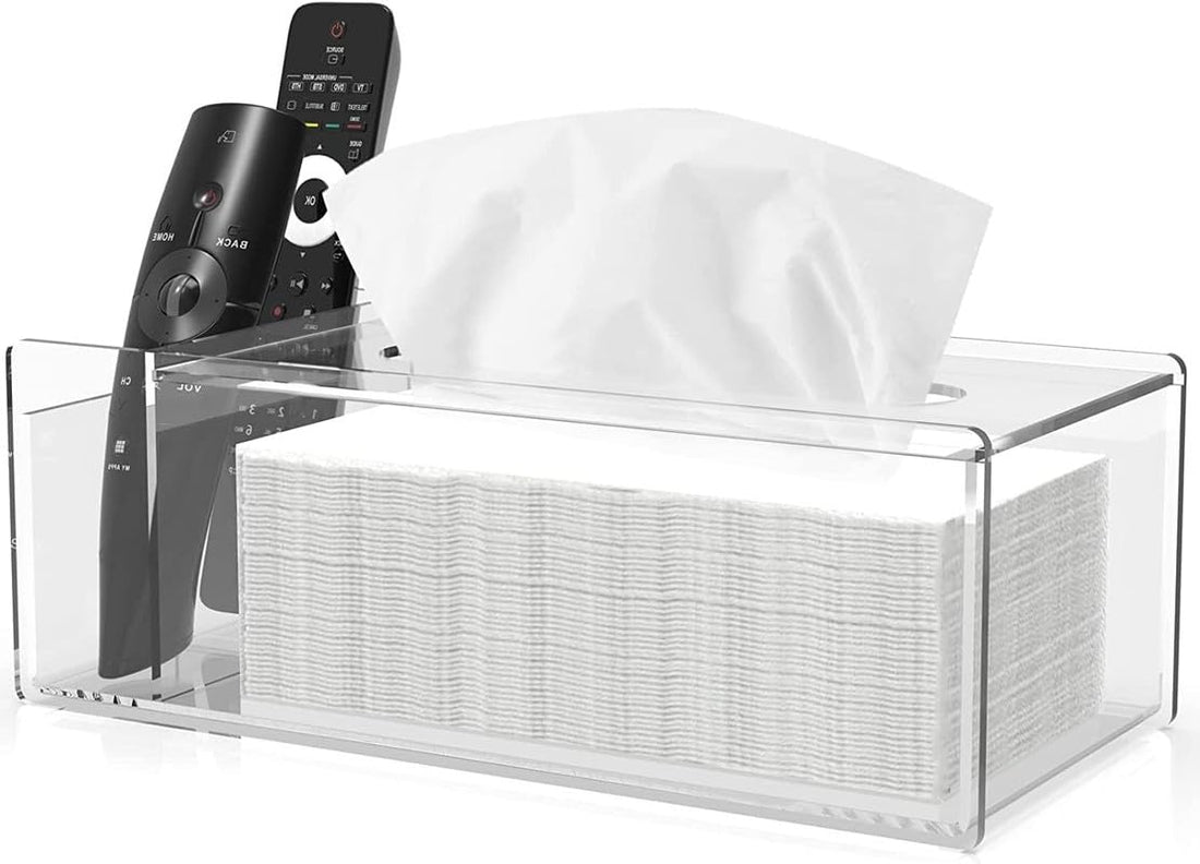BEST MEDIA Acrylic Tissue Box with Storage, 30x13x10 cm Clear Rectangle Napkin Holder with Side Organizer for Desktop, Bathroom, Vanity or Office Use, Dual Function Tissue Dispenser, Clear