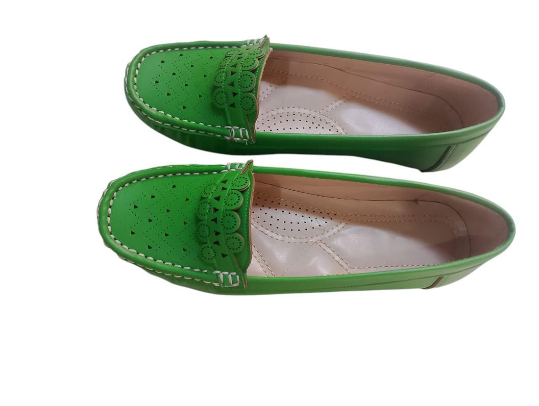 Al Baraem womens Flat shoes with handmade saddle stitching with a lazercut leather strap and patterned lazer upper design Ballet Flat