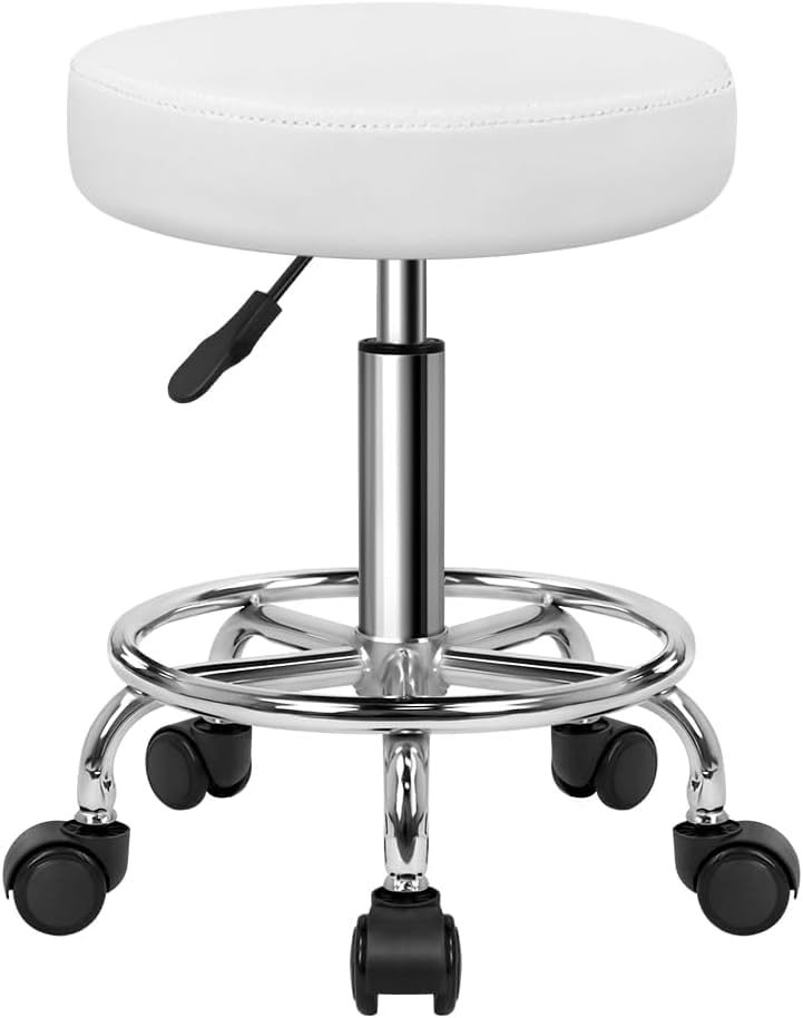 Reyad Group KKTONER White Round Rolling Stool PU Leather, Footrest, Height Adjust - White