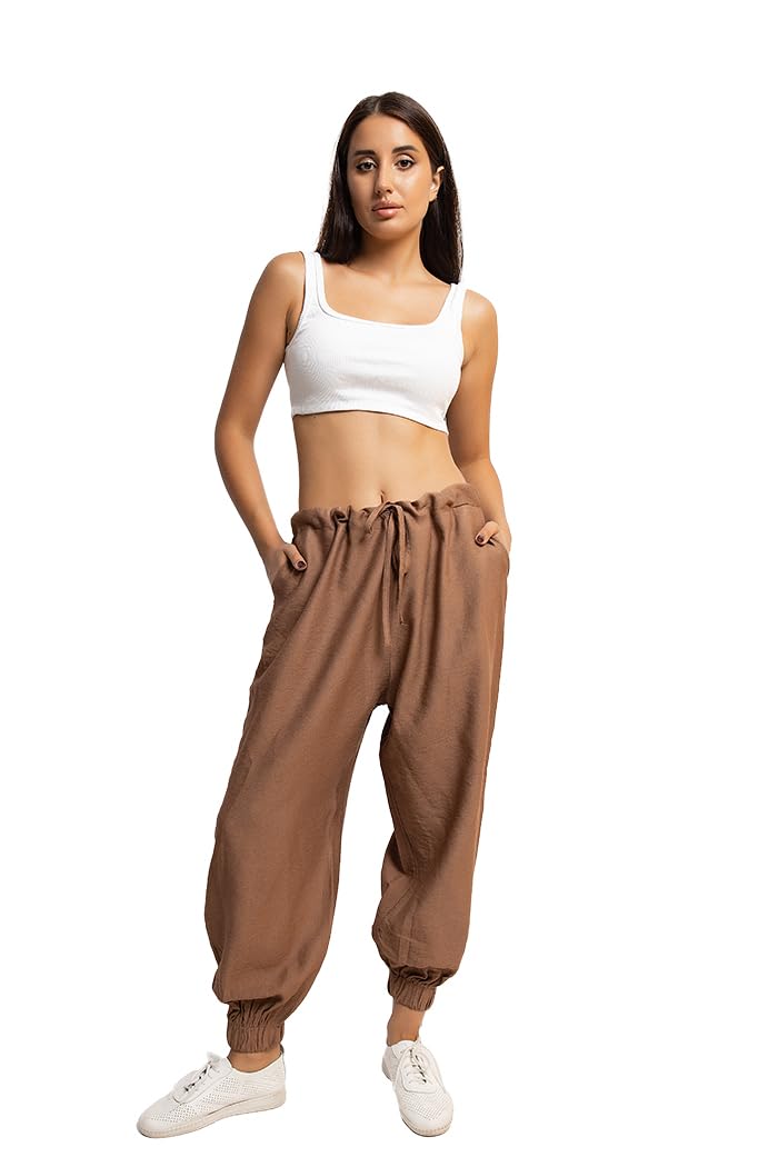 Linen Sweatpants With Cord and Elastic Bottom- CAFÉ