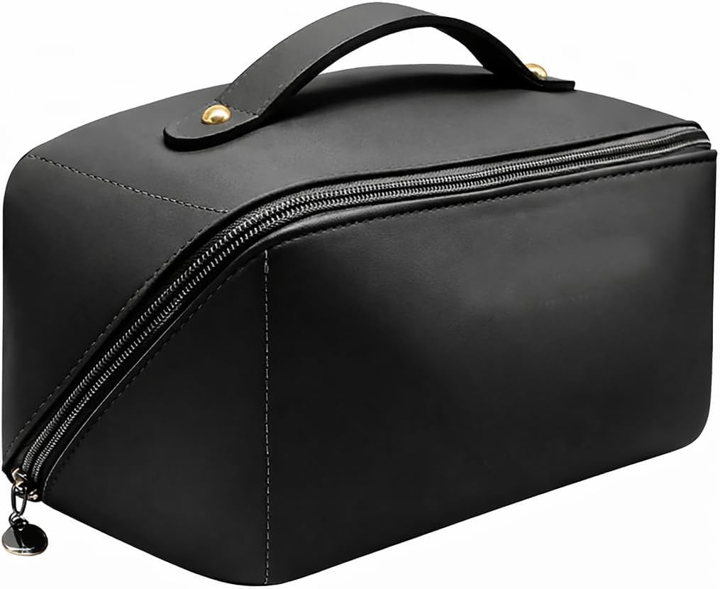Travel Makeup & Toiletry Bag, Large Capacity Cosmetic Organizer, Open Flat Portable Zipper Case for Makeup, Skincare and Toiletries (Black)