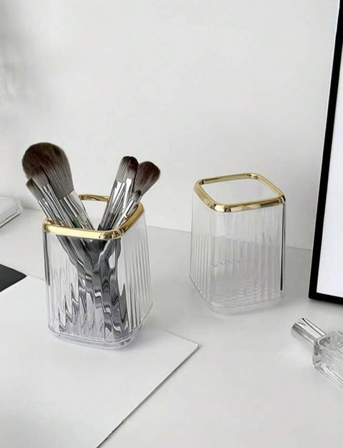 Makeup Brush Organizer, Clear Vertical Lines Pattern Pencil Cup, Marker/Nail Brush Organizer for Office or Home Decoration