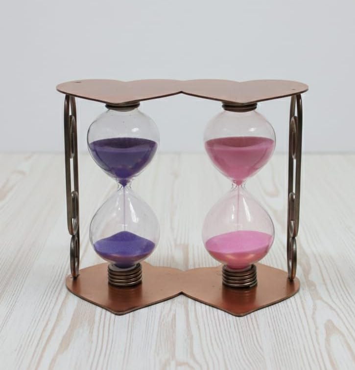 Double Hourglass Heart Design Brass Frame Purple Pink Sand Home Decor Ornament Metal Base