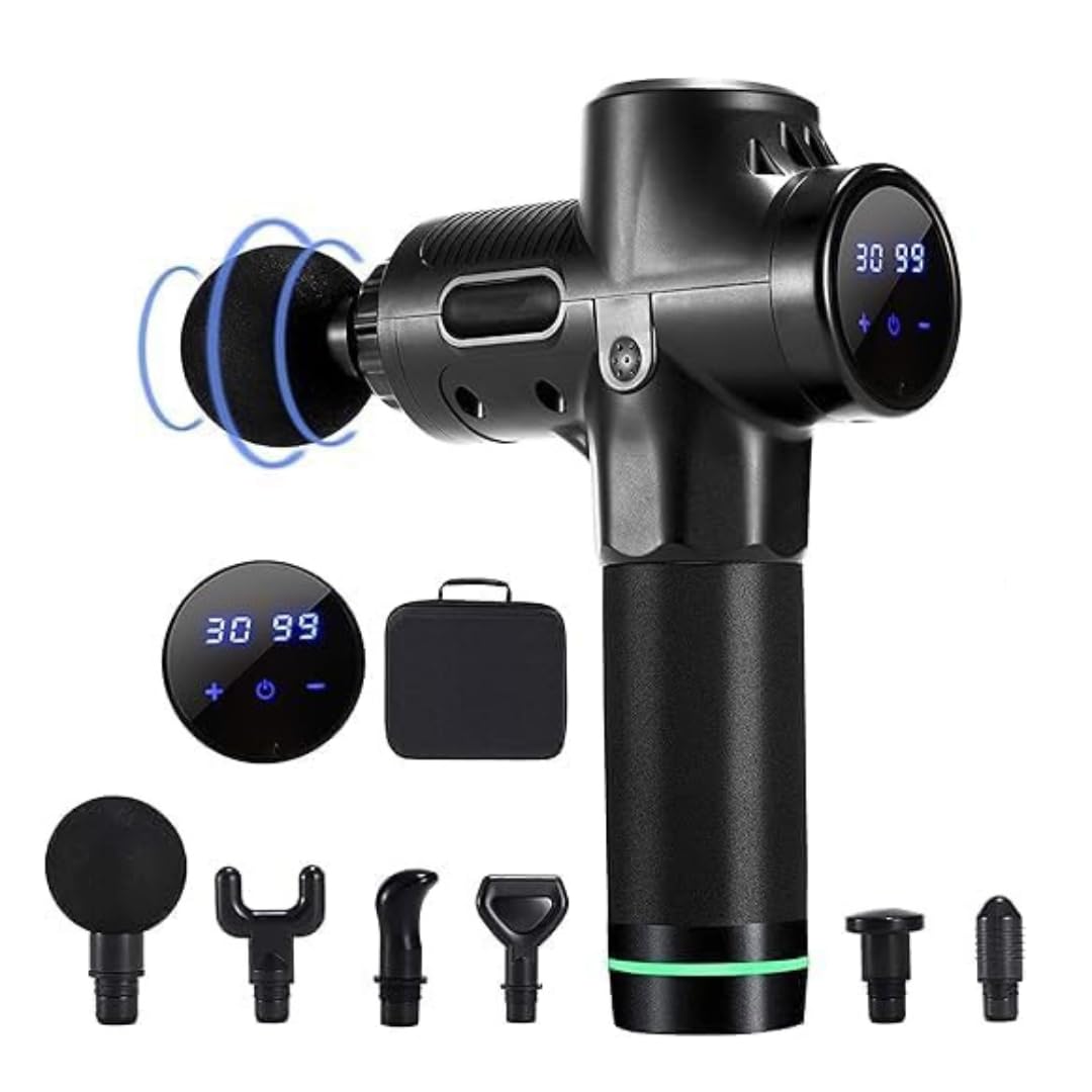 Phyzioline Massage Gun with 30 Speeds and 6 Massage Heads in Hard Case Electric Massager with LCD Touch Screen Extra Quiet 35 dB