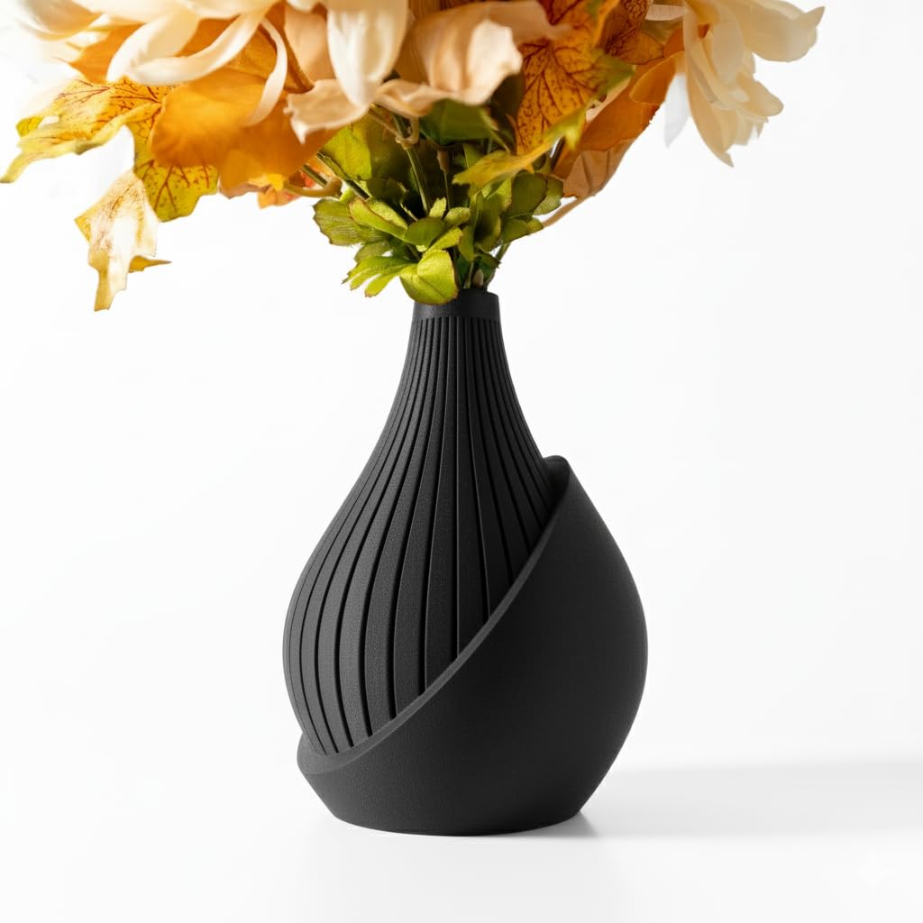 Modern Minimalist Flower Vase for Home Decor | Unique Centerpiece Tabletop Sculpture | Decorative Desk Ornament (without flowers) (Black)
