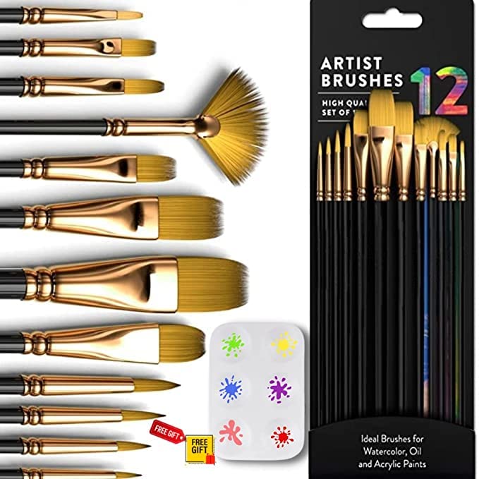 Artist Paint Brushes Set,12 Pcs Drawing Brushes for Watercolor Acrylic Painting Nail Art, Body Painting, Face Paint, Rock, Gouache Oil Paint & Fabric Paint with Paint Palette Great For Kids and Adults