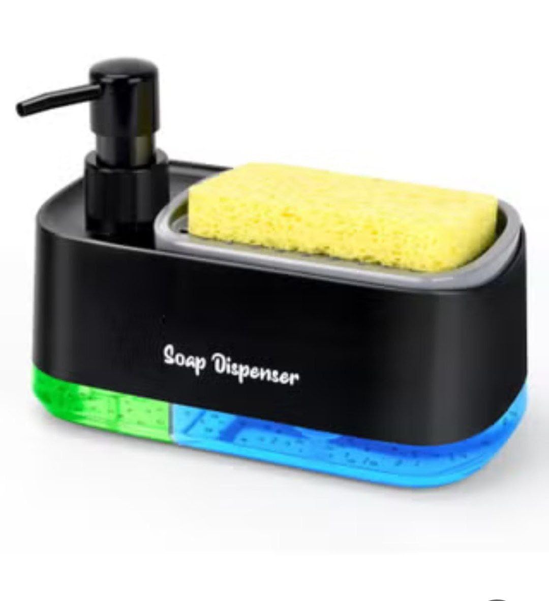 Soap Dispenser with Sponge Holder, Modern Design, White and Black, with Green and Blue Colored Base, Kitchen Soap Holder