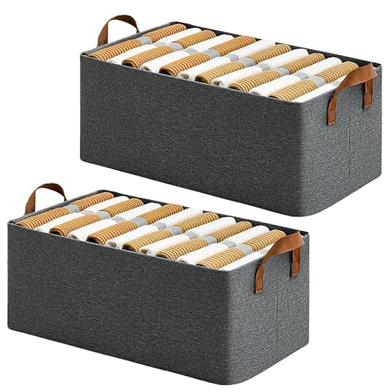 RENVA 2PCS Wardrobe Organizer for Clothes with Metal Frame Rectangle Storage Baskets for Clothing Fabric Storage Box with Handles Shelf Basket for Storage Clothes (2 PCS, Big Storage Box)