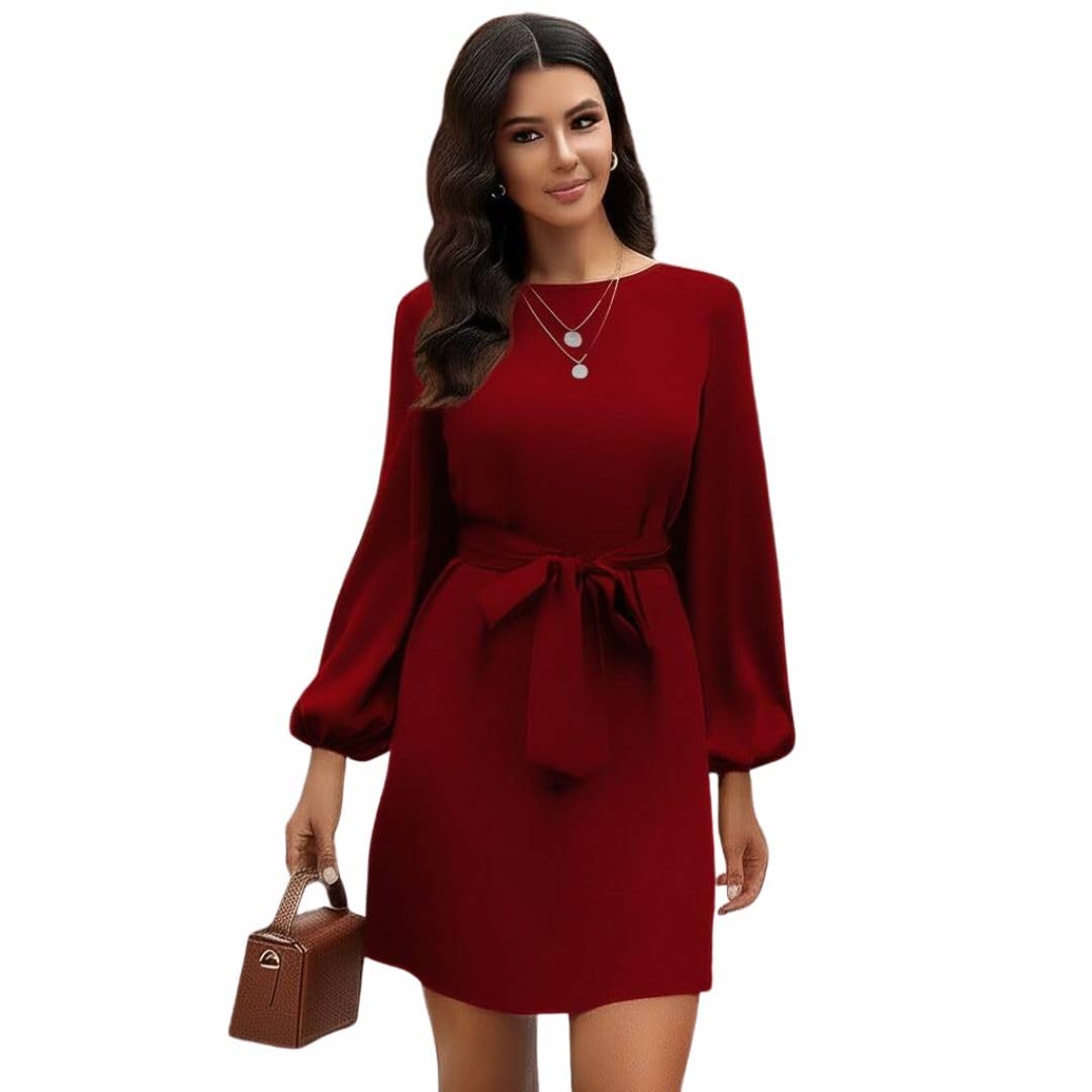 ESCOPA Women's Puff Sleeve Mini Dress with Waist Belt, Red