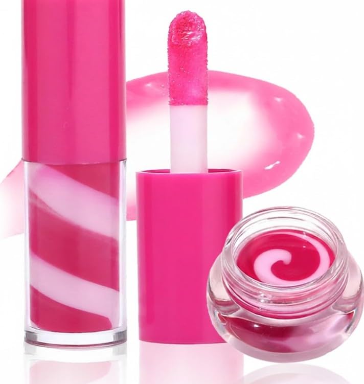 Twisted Mini Lip Gloss+Jelly Lip Balm Set, Plumping Moisturizing Smooth Soft Glossy Finish Flavored Lip Care Kit Makeup for Women Girls, Hydrating Long Lasting Pink Tinted Lip Glaze-03