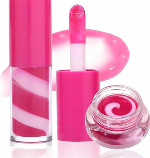 Twisted Mini Lip Gloss+Jelly Lip Balm Set, Plumping Moisturizing Smooth Soft Glossy Finish Flavored Lip Care Kit Makeup for Women Girls, Hydrating Long Lasting Pink Tinted Lip Glaze-03