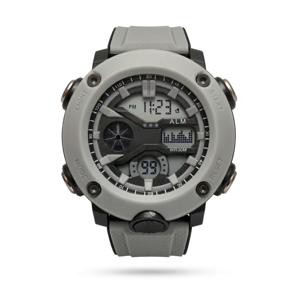 Digital Sports Watch for Men and Women - 30M Waterproof EL Backlight Stopwatch Comfortable Silicone Strap Shock Resistant - Original Box and Catalog Included (Grey in Black)