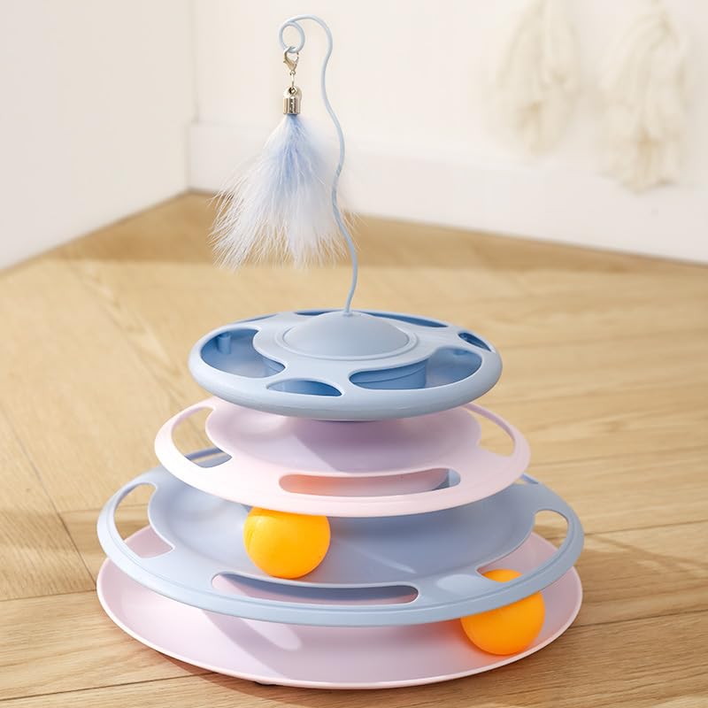 Interactive Cat Toy 3 Tier Tower Ball Track with Food Dispenser Puzzle Slow Feeder Anti Slip Base Feather Teaser Easy Clean Activity Toy for Adult Cats and Kittens (Blue)