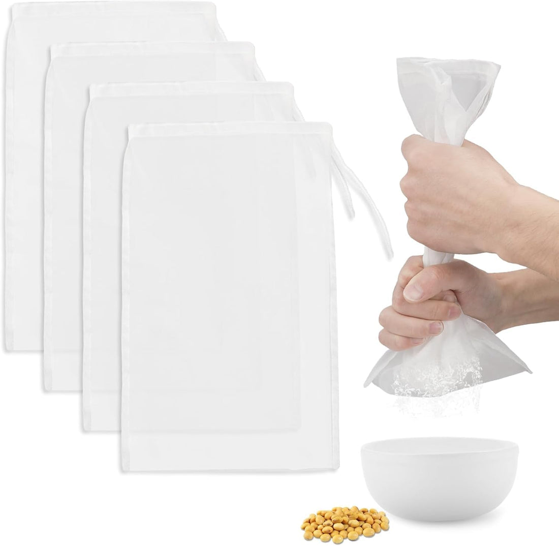 Nut Milk Bags, Cheese Cloth, Mesh Strainer Bags, 4 Pcs Nylon Mesh Material Triple Stitching Reusable No Odor Multi-purpose Filter Bags, Suitable for Yogurt, Cheese, Fruits, Vegetables, Tofu, Etc