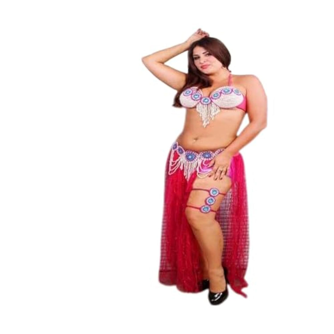 JAZZEEL Handmade Belly Dance Costume Set in Tulle, Pink, One Size, Embroidered with Pearls, 2-Piece Bra & Belt Outfit for Women's Professional Raqs Sharqi Performance