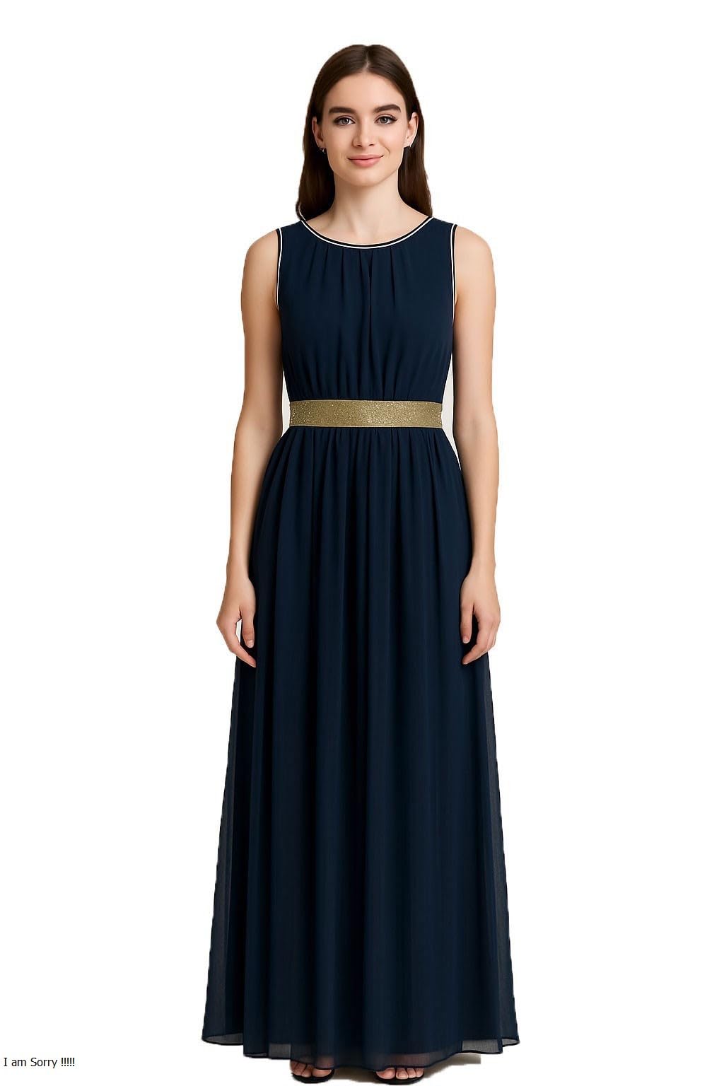 Women's Elegant Navy Chiffon Maxi Dress – Gold Waist – Fully Lined – Size S